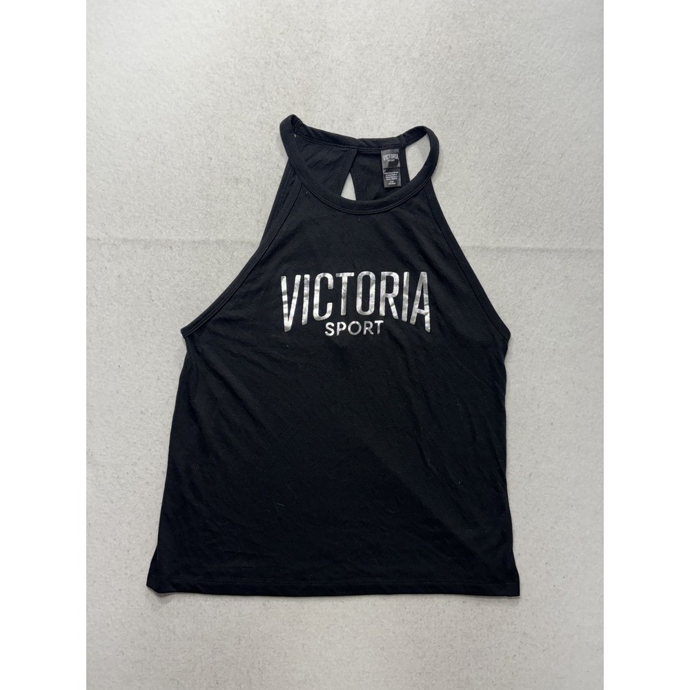 Victoria Sport Tank Womens Large Black Halter Keyhole Back Logo Athletic Top